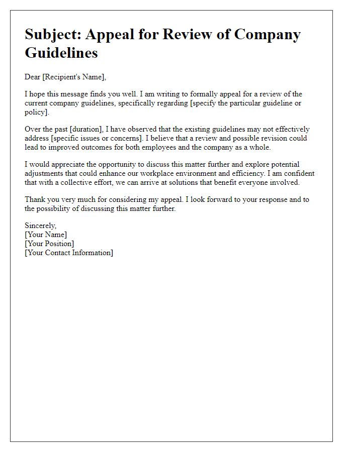 Letter template of appeal for company guideline review.