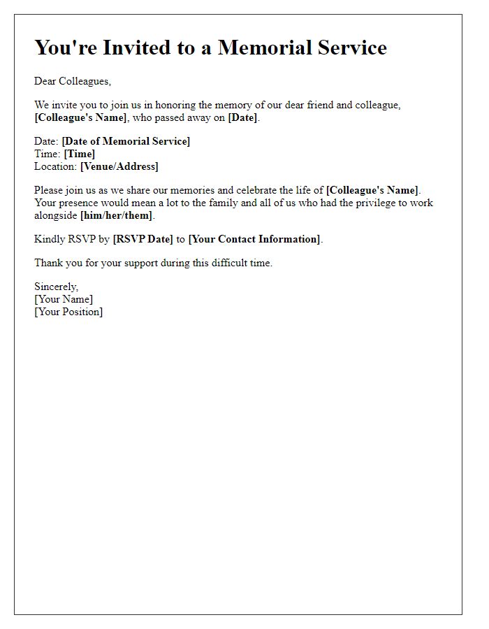 Letter template of memorial service invitation for a colleague's farewell gathering