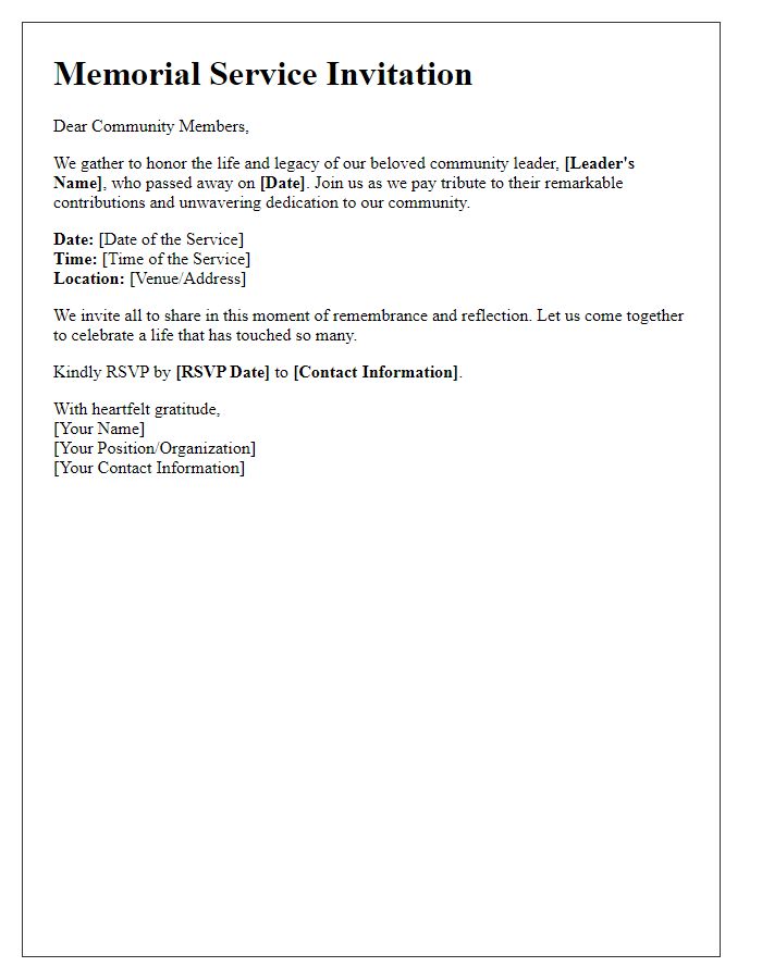 Letter template of memorial service invitation for a community leader's tribute