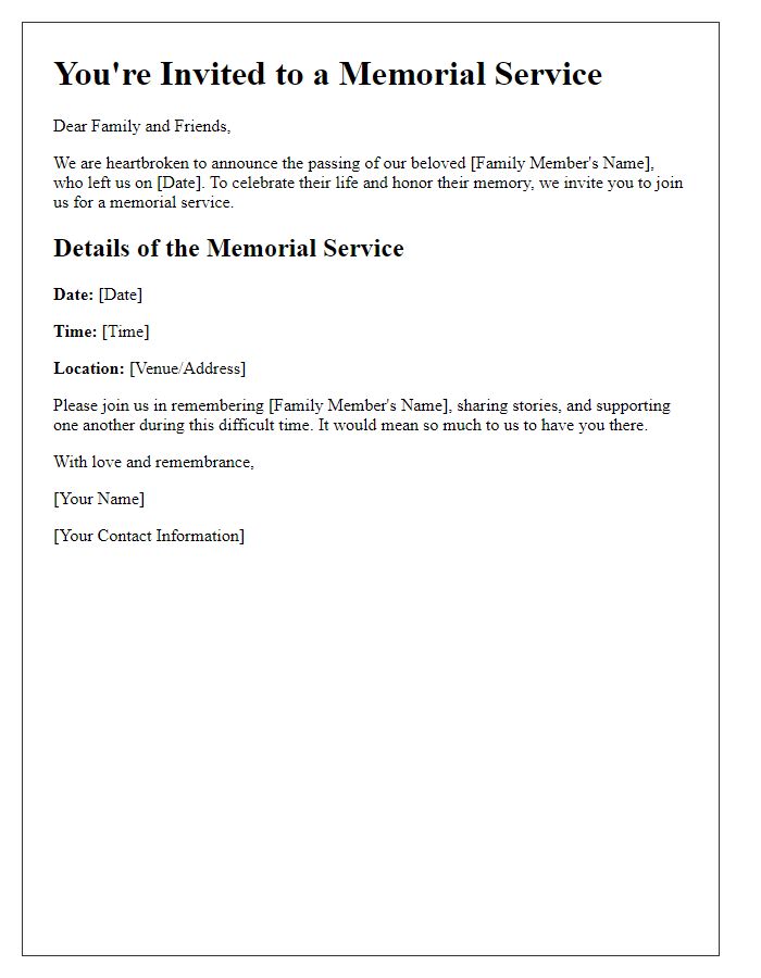 Letter template of memorial service invitation for honoring a beloved family member