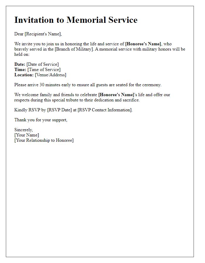 Letter template of memorial service invitation for a military honors ceremony