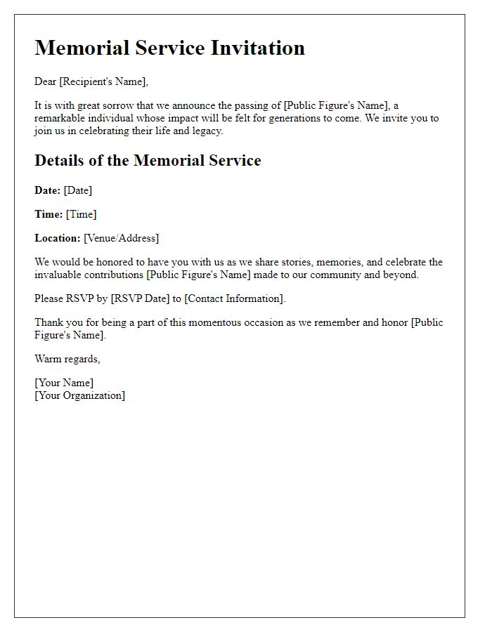 Letter template of memorial service invitation for a public figure celebration of life