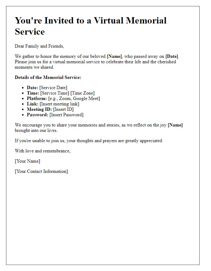 Letter template of memorial service invitation for a virtual memorial service