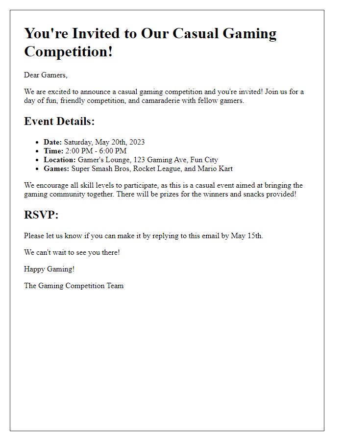 Letter template of gaming competition invitation for casual players.