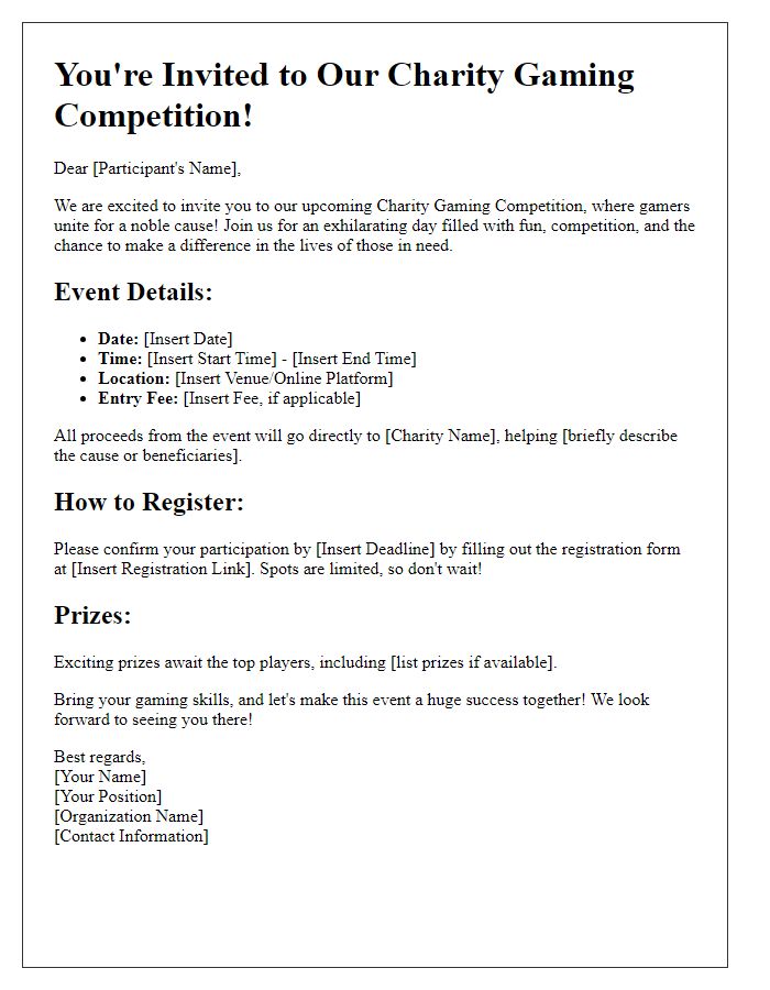 Letter template of gaming competition invitation for charity events.