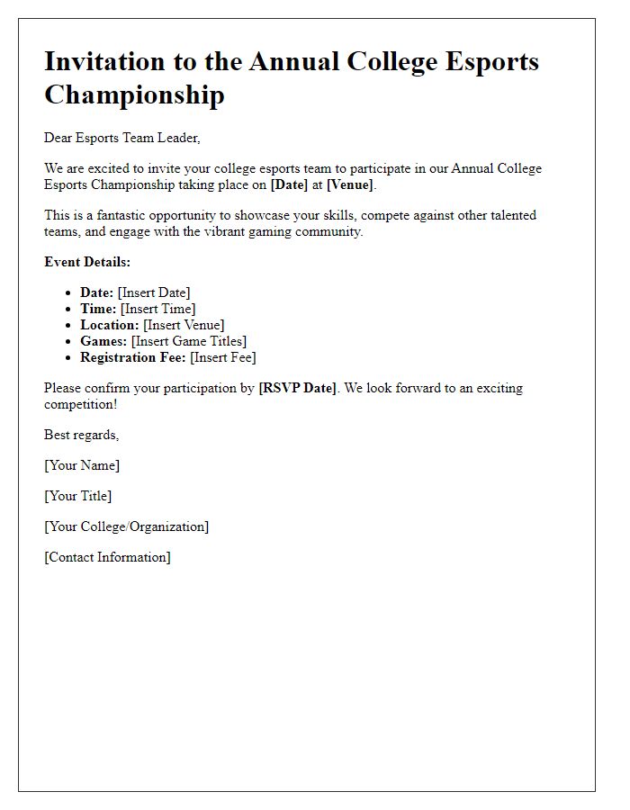 Letter template of gaming competition invitation for college esports teams.