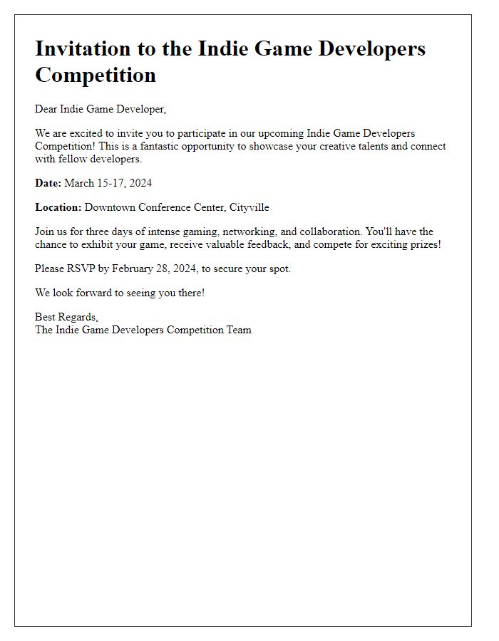 Letter template of gaming competition invitation for indie game developers.