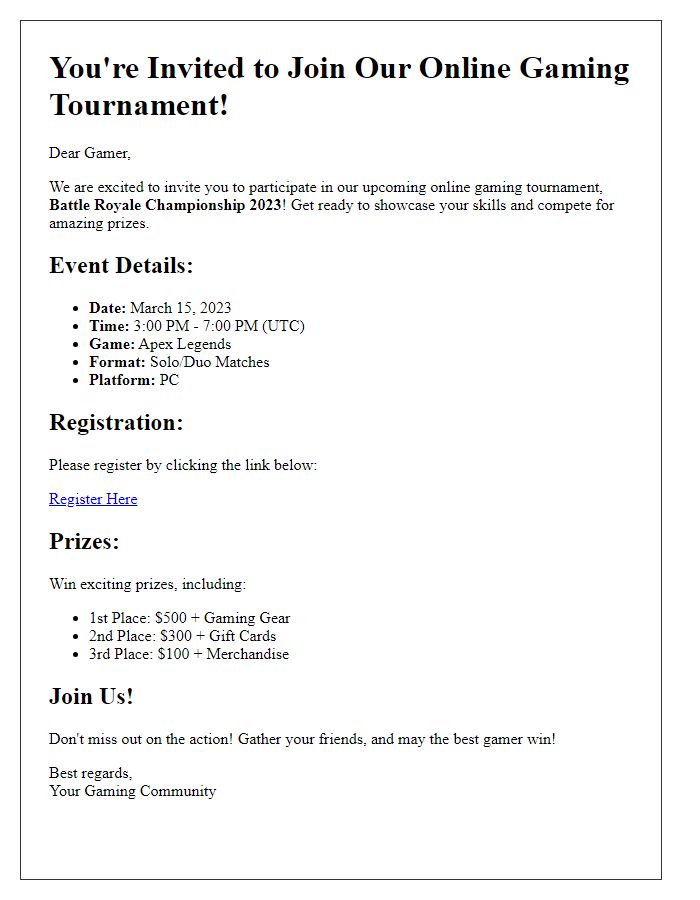 Letter template of gaming competition invitation for online tournaments.