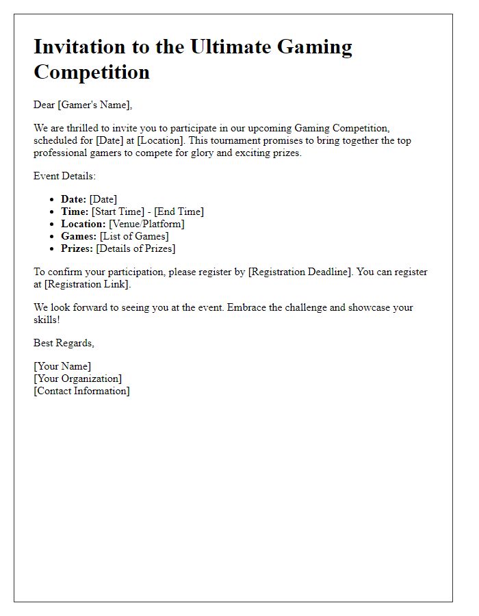 Letter template of gaming competition invitation for professional gamers.