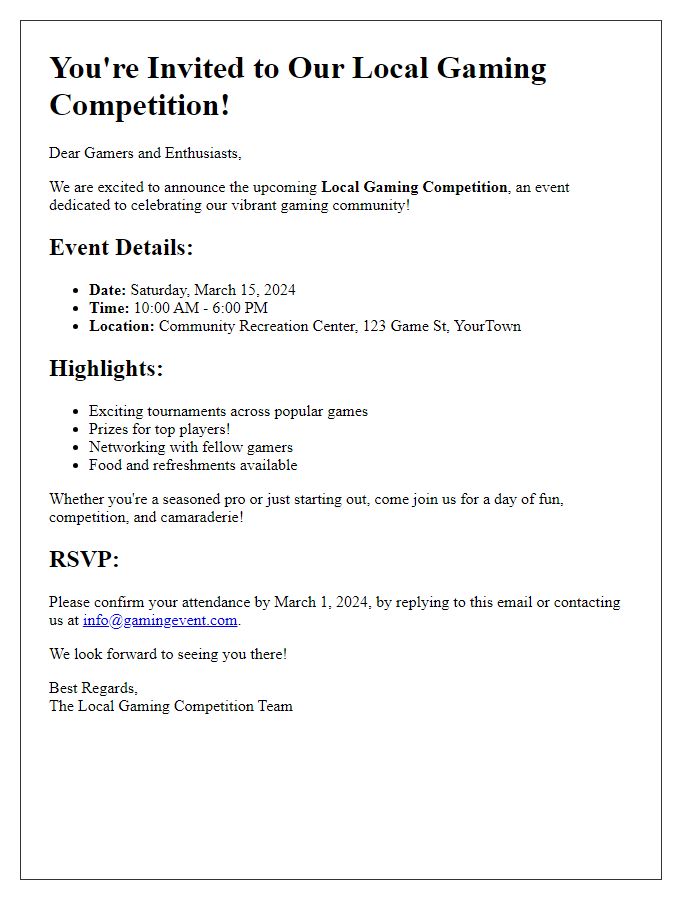 Letter template of gaming competition invitation targeting local communities.