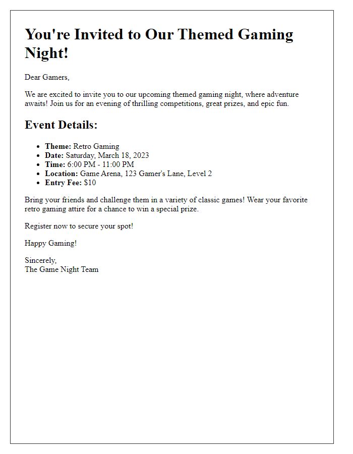 Letter template of gaming competition invitation for themed gaming nights.