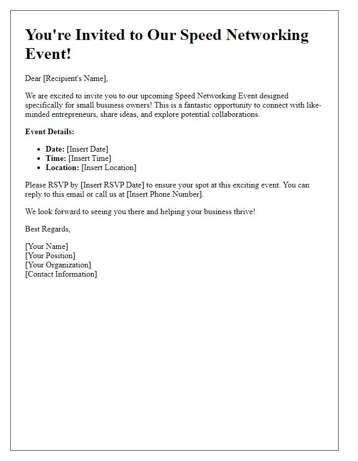 Letter template of invitation to speed networking event for small business owners