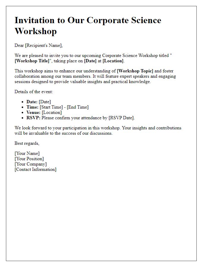 Letter template of invitation for a corporate science workshop