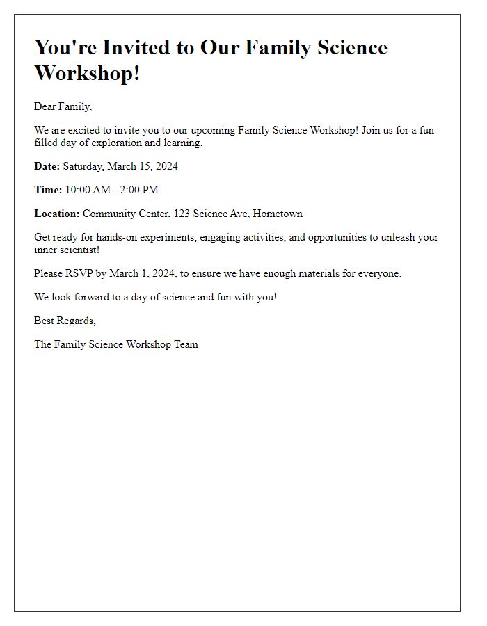 Letter template of invitation for a family science workshop