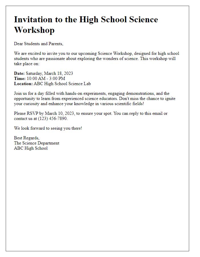 Letter template of invitation for a high school science workshop