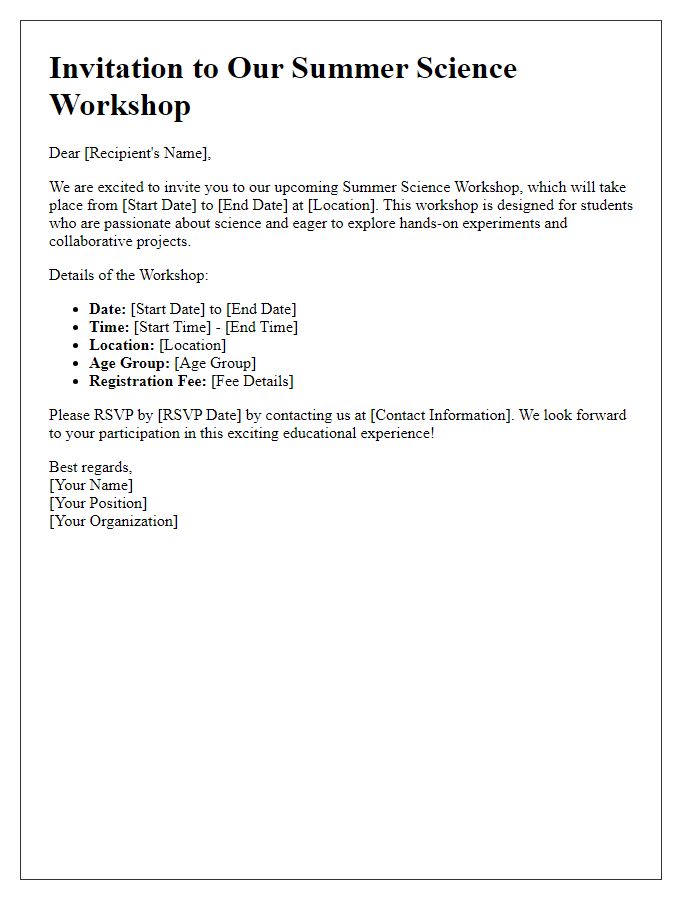 Letter template of invitation for a summer science workshop