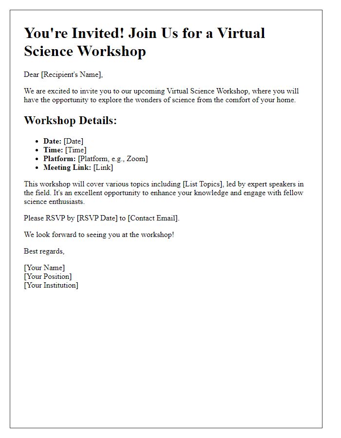 Letter template of invitation for a virtual science workshop