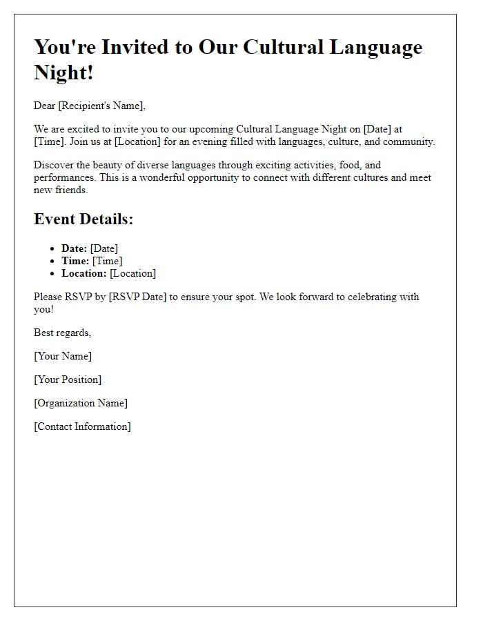 Letter template of cultural language night invitation