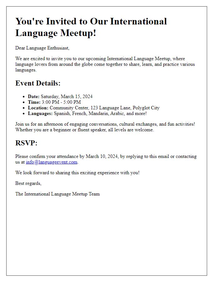 Letter template of international language meetup invitation