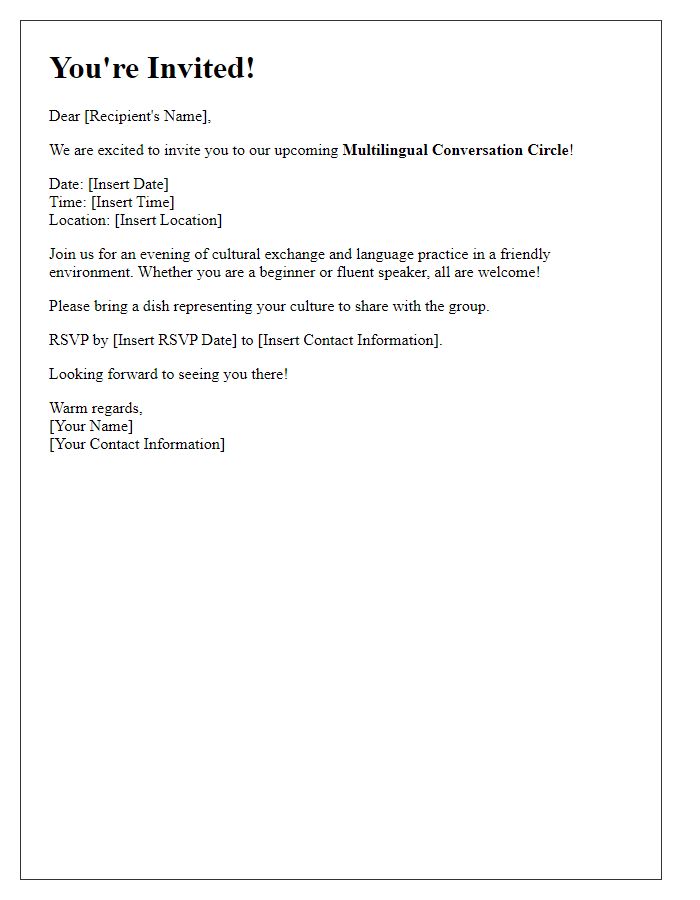 Letter template of multilingual conversation circle invitation