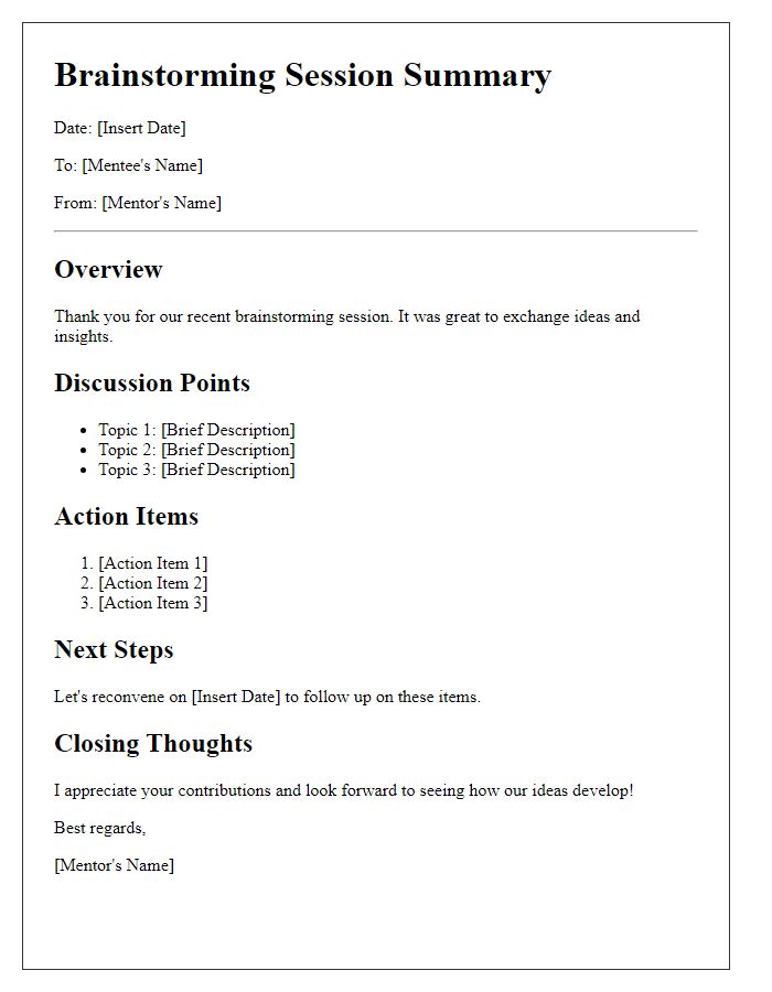 Letter template of brainstorming session between mentor and mentee