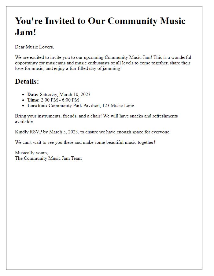 Letter template of community music jam invitation.