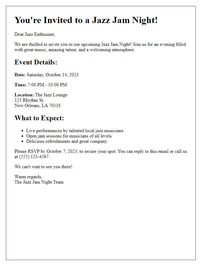 Letter template of jazz jam night invitation.