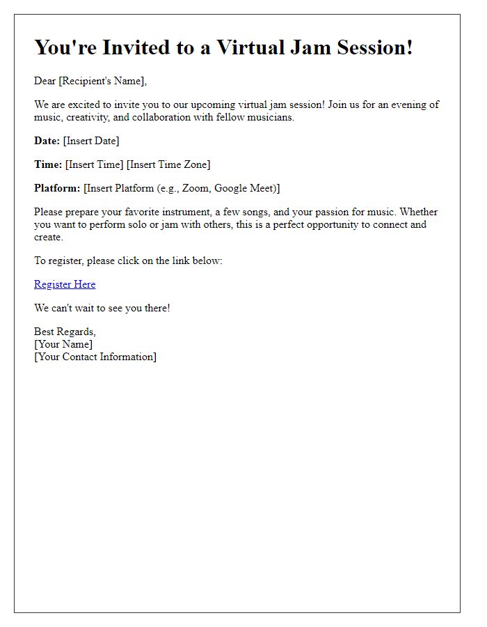 Letter template of virtual jam session invitation.