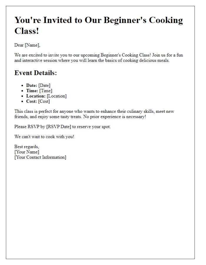 Letter template of a cooking class event invitation for beginners.