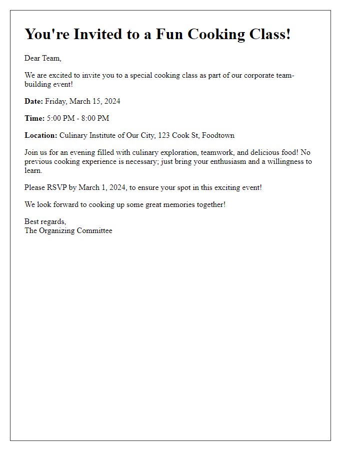 Letter template of a cooking class event invitation for a corporate team-building event.