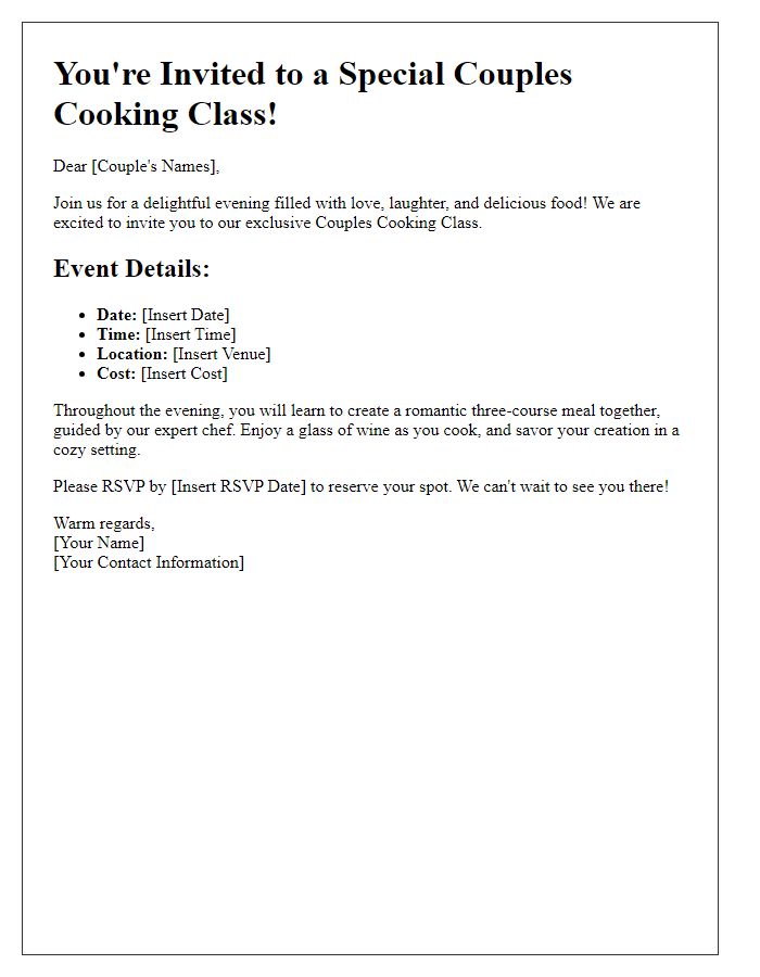 Letter template of a cooking class event invitation for couples.