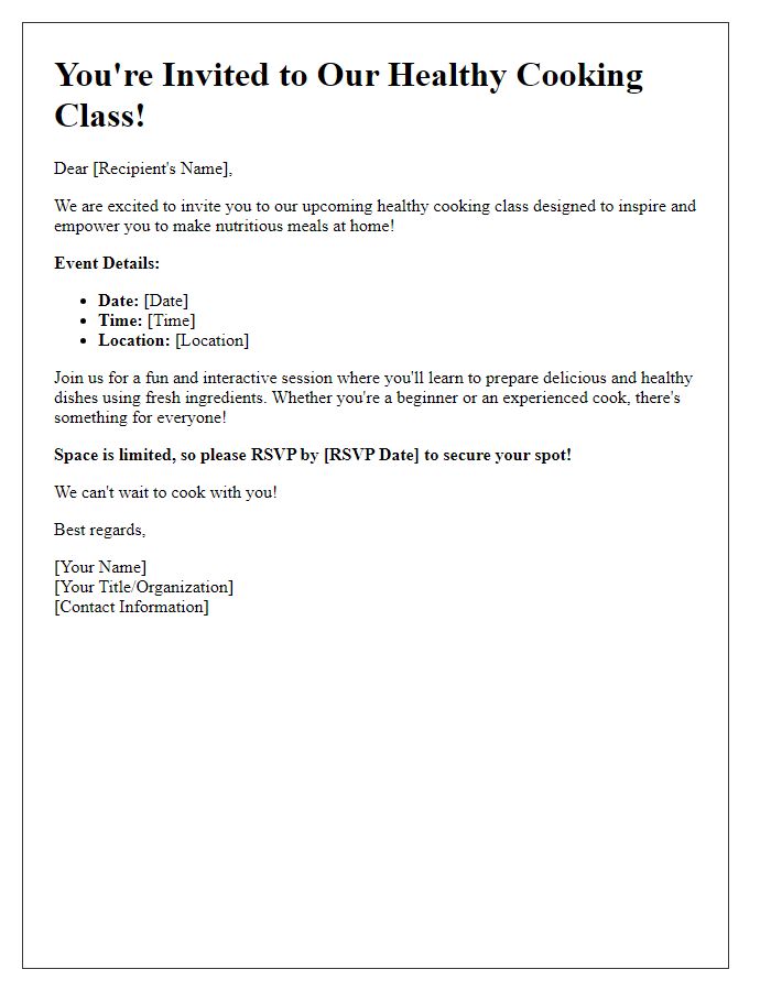 Letter template of a cooking class event invitation for healthy cooking.