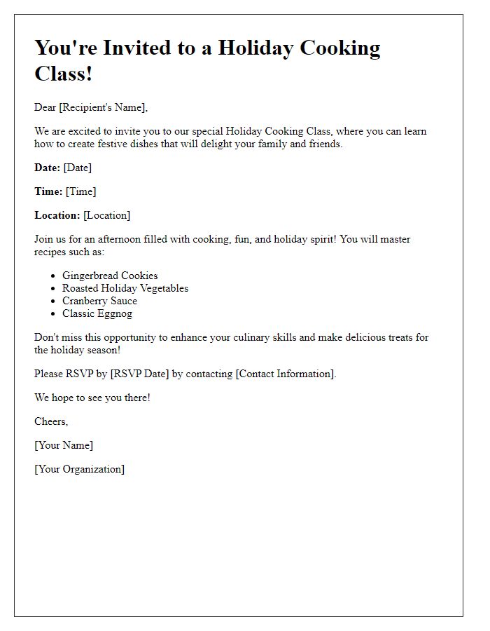 Letter template of a cooking class event invitation for a holiday-themed class.