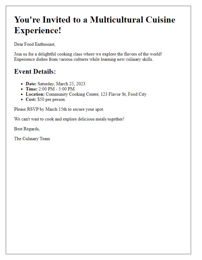 Letter template of a cooking class event invitation for a multicultural cuisine experience.