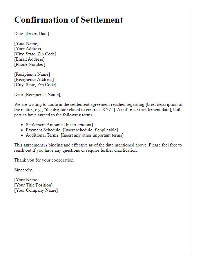 Letter template of confirmation for matter settled