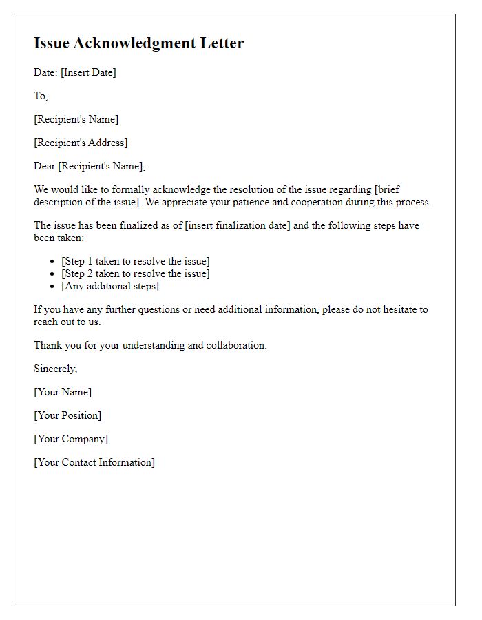 Letter template of finalized issue acknowledgment