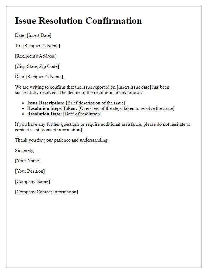 Letter template of issue resolution confirmation