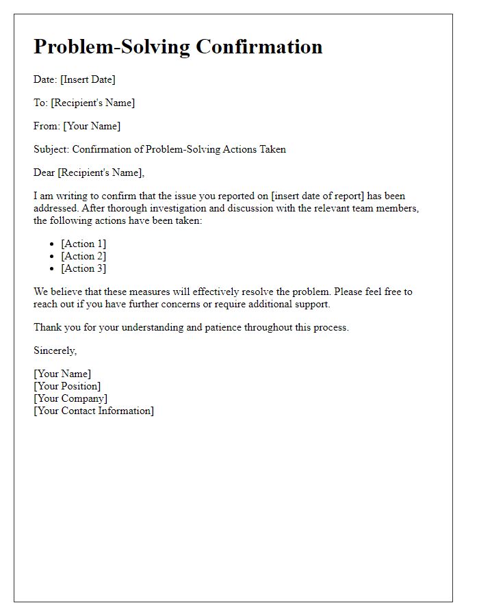 Letter template of problem-solving confirmation