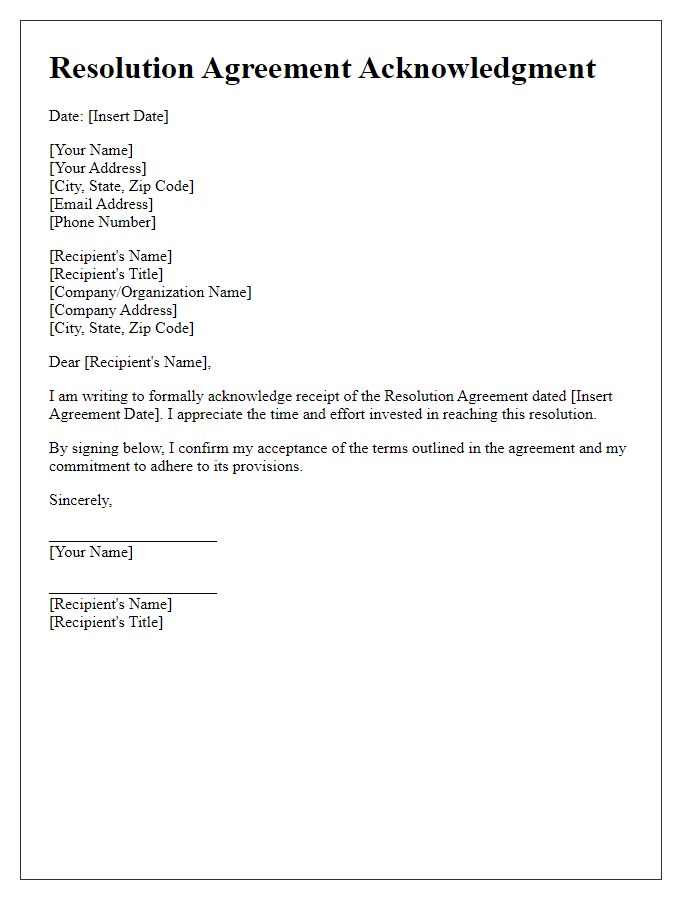 Letter template of resolution agreement acknowledgment