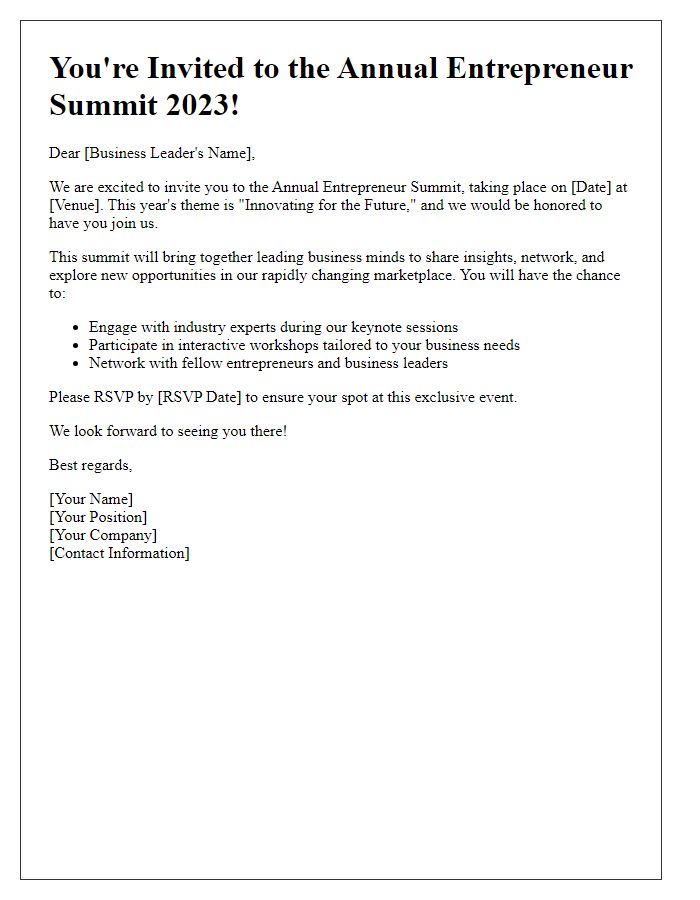 Letter template of Entrepreneur Summit Invitation for Business Leaders