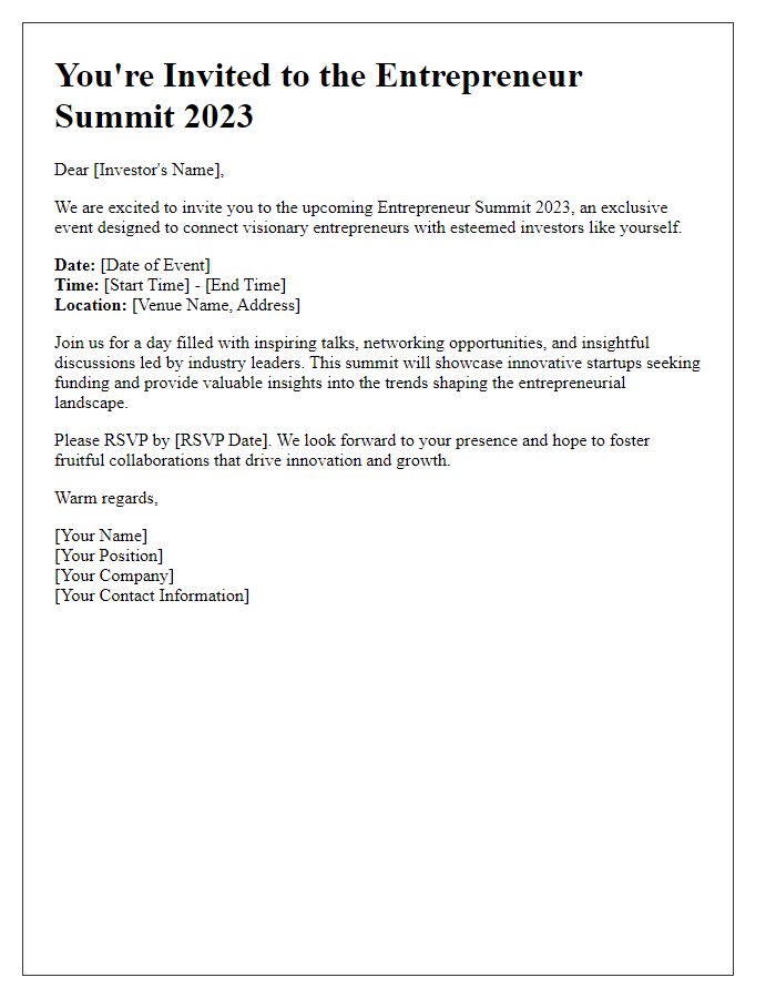 Letter template of Entrepreneur Summit Invitation for Investors