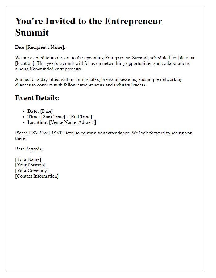 Letter template of Entrepreneur Summit Invitation for Networking Opportunities