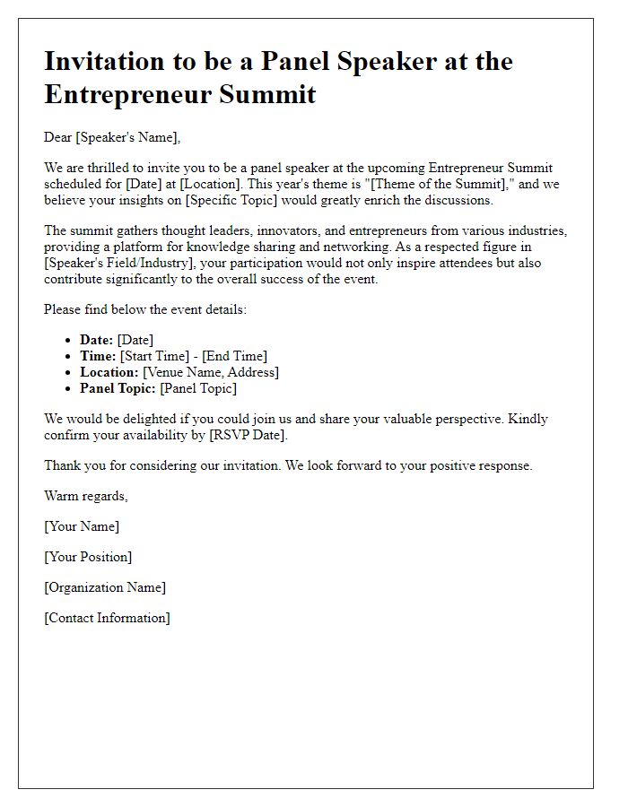 Letter template of Entrepreneur Summit Invitation for Panel Speakers