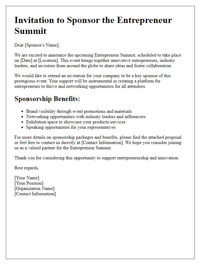 Letter template of Entrepreneur Summit Invitation for Sponsorship Proposals