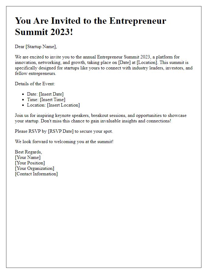 Letter template of Entrepreneur Summit Invitation for Startups