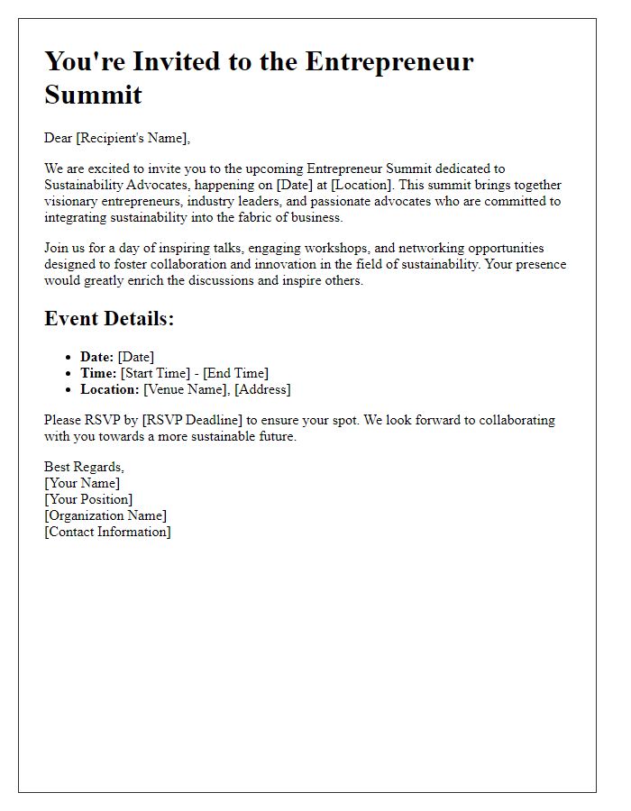 Letter template of Entrepreneur Summit Invitation for Sustainability Advocates