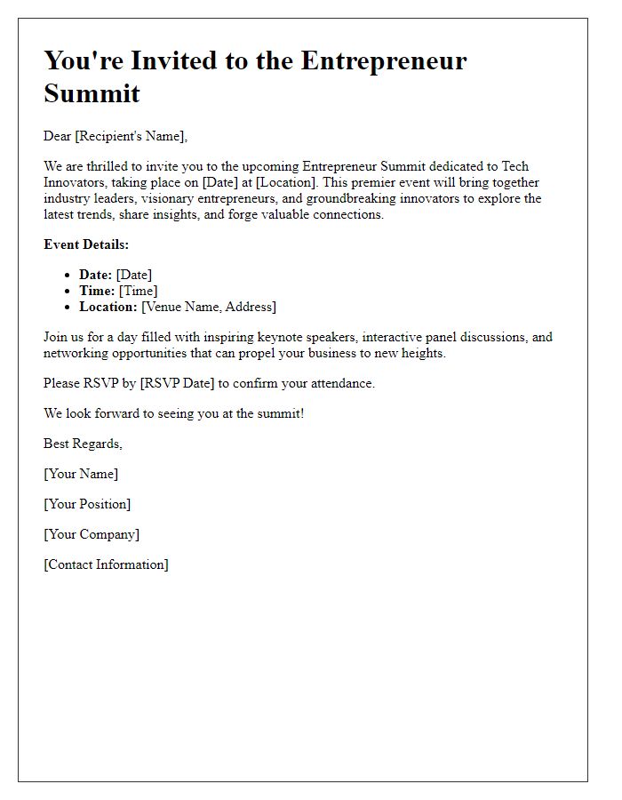 Letter template of Entrepreneur Summit Invitation for Tech Innovators