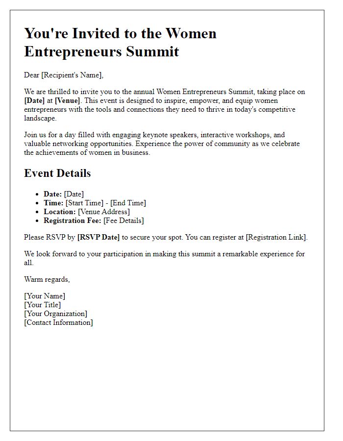 Letter template of Entrepreneur Summit Invitation for Women Entrepreneurs