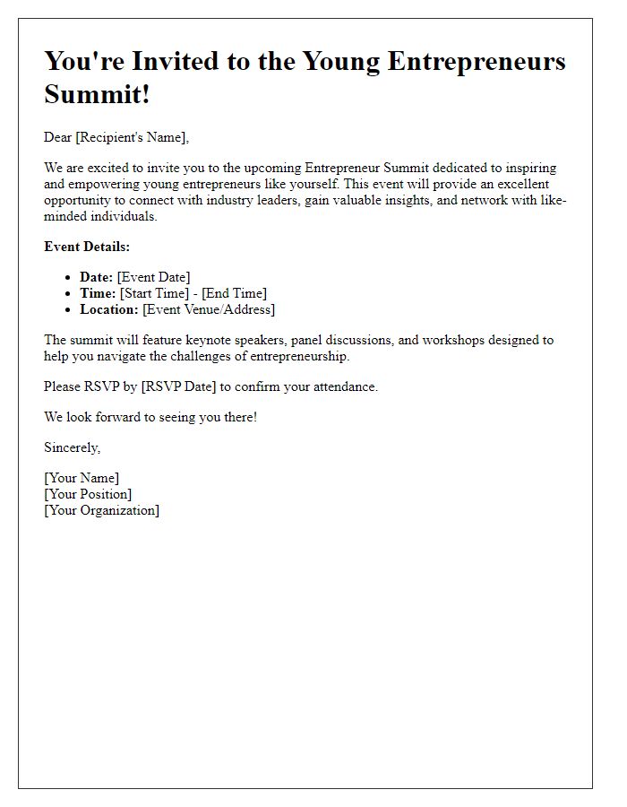 Letter template of Entrepreneur Summit Invitation for Young Entrepreneurs