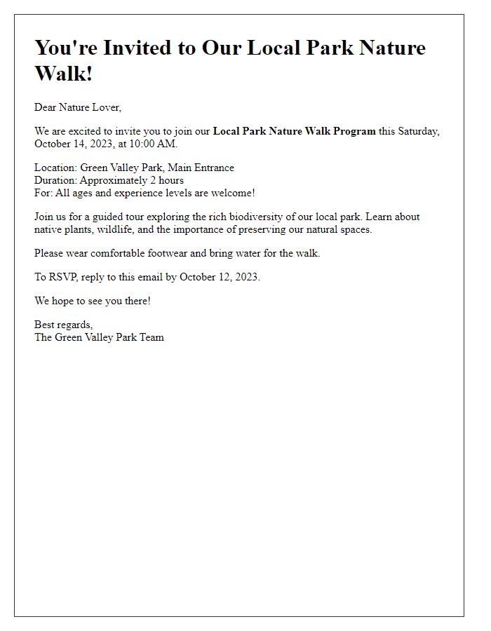 Letter template of a local park nature walk program invitation